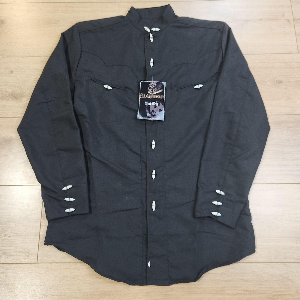 El General Shirt Mens Medium Black Solid Long Sleeve Western Band Collar Cowboy